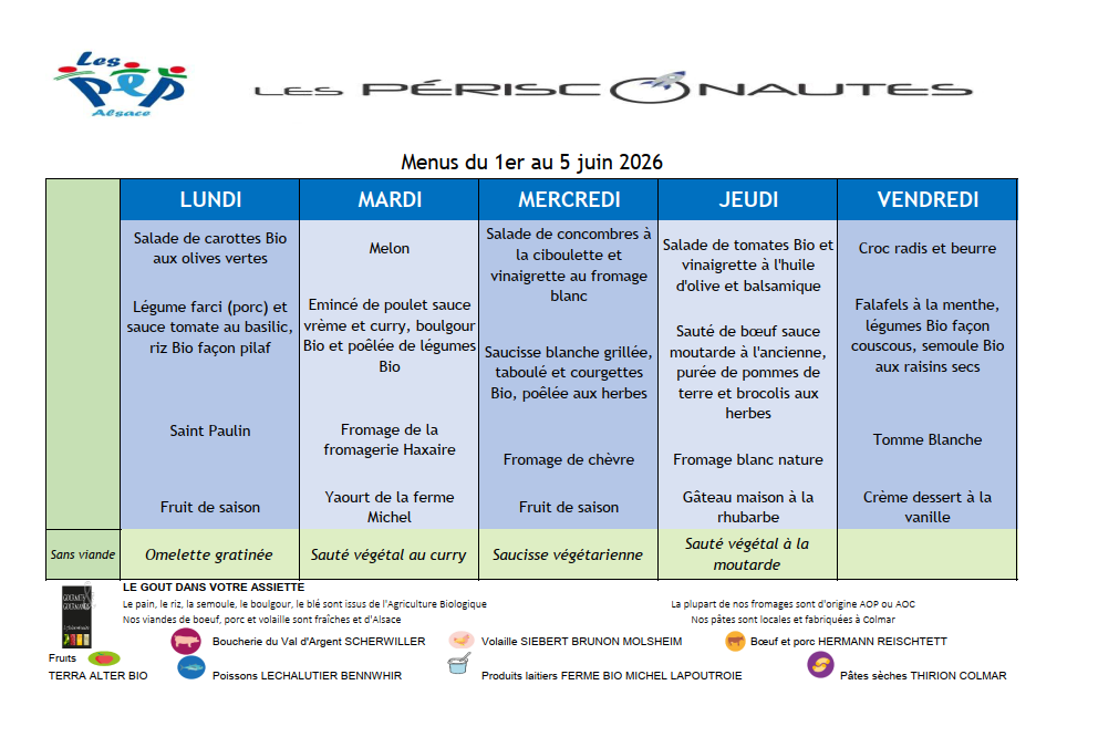 Menus du 01 au 05 juin 2026
