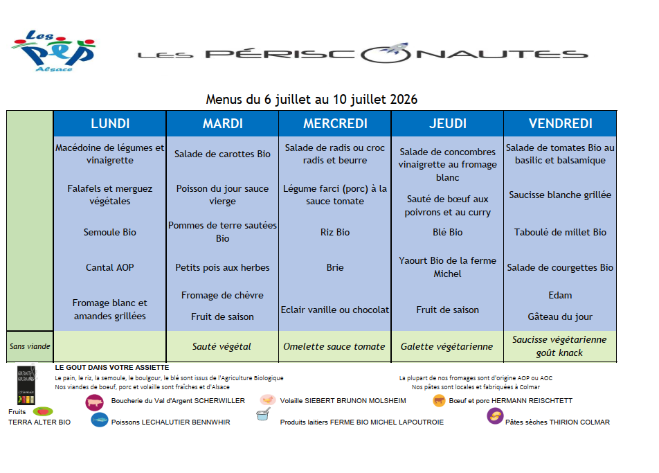 Menus du 06 au 10 juillet 2026 Menus du 06 au 10 juillet 2026